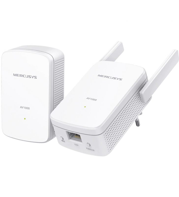 Kit Powerline Wi-Fi Gigabit MERCUSYS, Wi-Fi de 300 Mbps 2.4Ghz, tehnologie AV2, AV1000, pana la 1000 Mbps, RJ-45 x 1 porturi 10/100/1000 Mbps, 2 buc, "MP510 KIT"