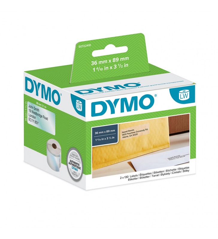 Etichete termice, DYMO LabelWriter, adrese mari, permanente, 89mmx36mm, plastic transparent, 1 rola/cutie, 260 etichete/rola, S0722410