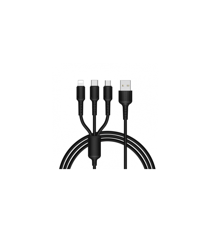 Cablu Incarcare USB la Lightning - USB la MicroUSB - USB la USB Type-C Borofone BX16, 1 m, Negru