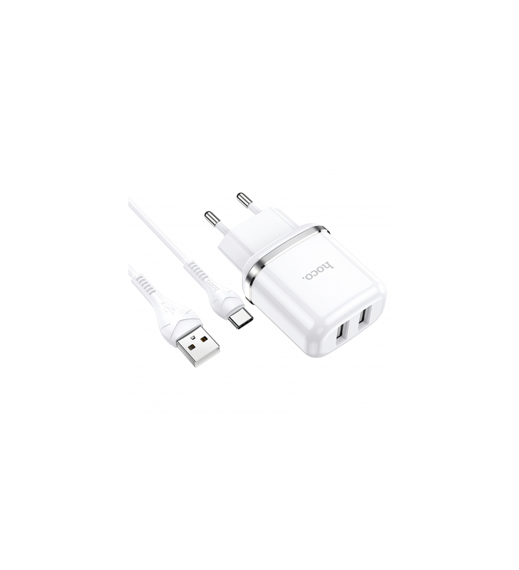 Incarcator Retea cu cablu USB Tip-C HOCO N4, 2 X USB, 2.4A, Alb
