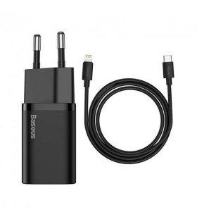 INCARCATOR retea Baseus Super Si, Quick Charge 20W, 1 x USB Type-C 5V/3A max, include cablu USB Type-C la Lightning Iphone 1m, negru "TZCCSUP-B01" (include timbru verde 0.15 lei)
