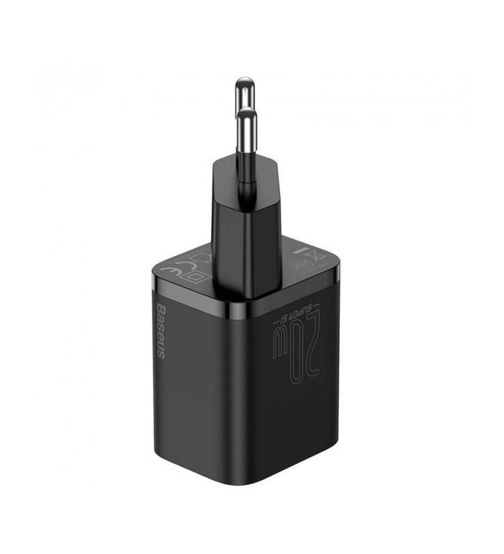 INCARCATOR retea Baseus Super Si, Quick Charge 20W, 1 x USB Type-C 5V/3A max, include cablu USB Type-C la Lightning Iphone 1m, negru "TZCCSUP-B01" (include timbru verde 0.15 lei)