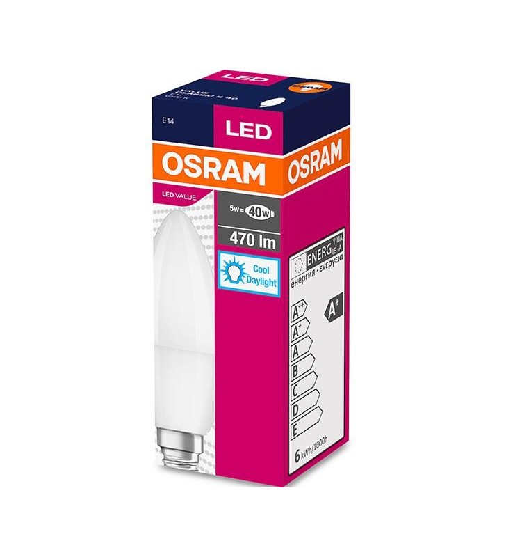 BEC LED OSRAM, soclu E14, putere 5.5 W, forma lumanare, lumina alb rece, alimentare 220 - 230 V, "000004052899971066" (include TV 0.60 lei)