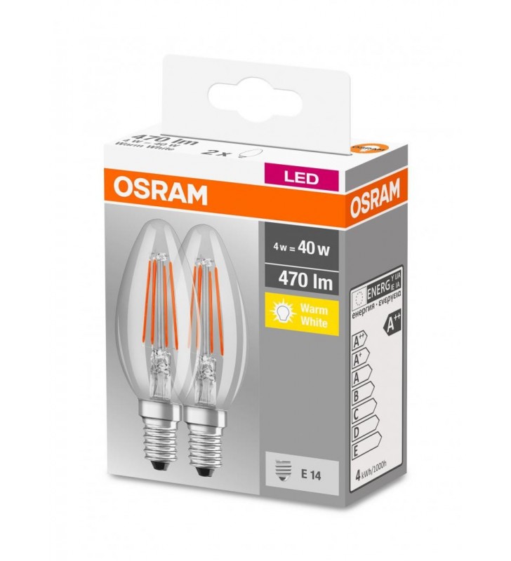 SET 2 BECURI LED OSRAM, soclu E14, putere 4 W, forma lumanare, lumina alb calda, alimentare 220 - 230 V, "000004052899972032" (include TV 0.60 lei)