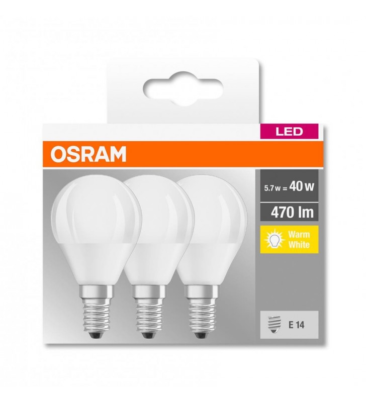 SET 3 BECURI LED OSRAM, soclu E14, putere 5.7 W, forma clasica, lumina alb calda, alimentare 220 - 230 V, "000004058075090507" (include TV 0.60 lei)