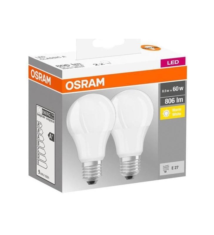 SET 2 BECURI LED OSRAM, soclu E27, putere 8.5 W, forma clasica, lumina alb calda, alimentare 220 - 230 V, "000004058075152656" (include TV 0.60 lei)