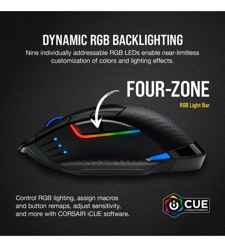 MOUSE CORSAIR, "Dark Core RGB Pro SE", gaming, wireless, Bluetooth | 2.4GHz, optic, 18000 dpi, butoane/scroll 8/1, iluminare, butoane programabile, mod dual de conectare, negru, "CH-9315511-EU" (include TV 0.15 lei)