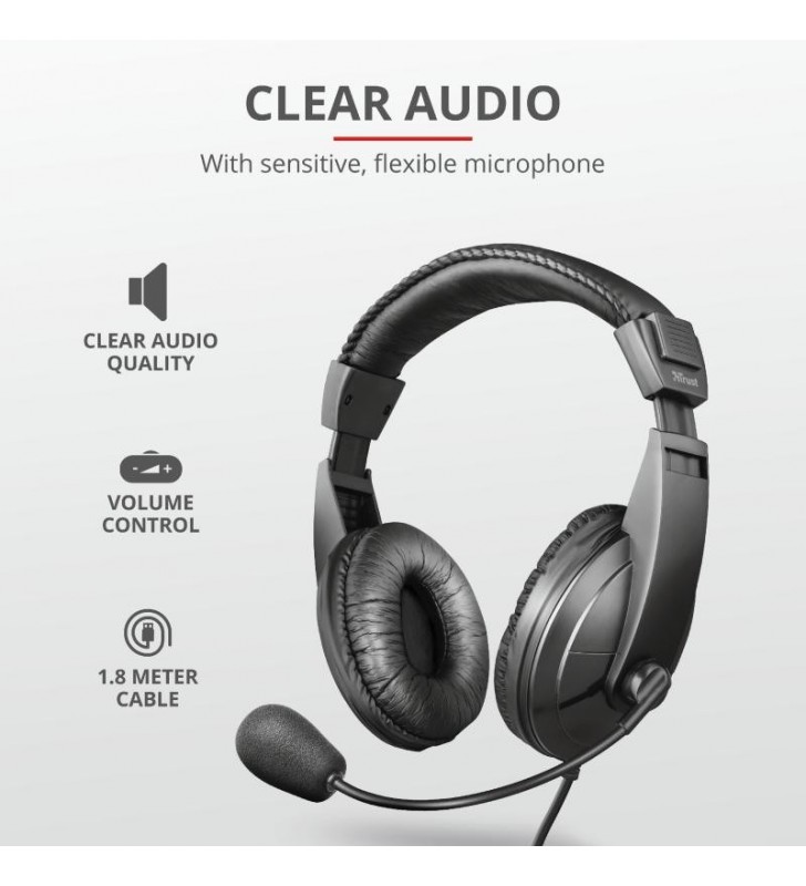 Trust 21661 cască audio & cască cu microfon Căști Prin cablu Bandă de fixare pe cap Calls/Music Negru