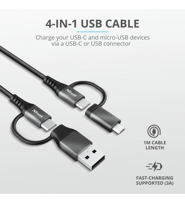 Trust 23573 cabluri USB 1 m USB 2.0 USB A/USB C USB C/Micro-USB A Negru