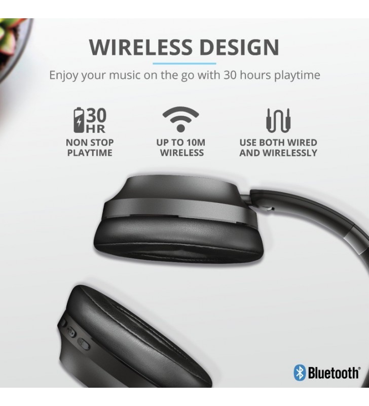 Trust 23550 cască audio & cască cu microfon Căști Prin cablu & Wireless Bandă de fixare pe cap Muzică Micro-USB Bluetooth Negru