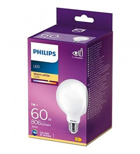 Bec LED glob Philips Classic G93, EyeComfort, E27, 7W (60W), 806 lm, lumina alba calda (2700K)
