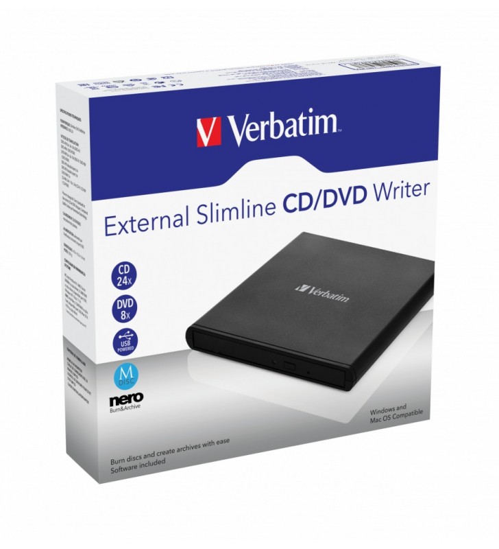 Verbatim External Slimline CD/DVD Writer unități optice DVD±RW Negru