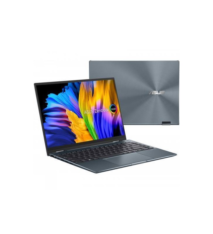 Laptop 2-in-1 ASUS Zenbook 14 Flip OLED UP5401EA-KN110X, Intel Core i5-1135G7, 14inch Touch, RAM 8GB, SSD 512GB, Intel Iris Xe Graphics, Windows 11 Pro, Pine Grey